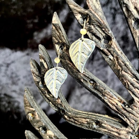 Pewter Linden Leaf Earrings with silver wires with choice of cabochon